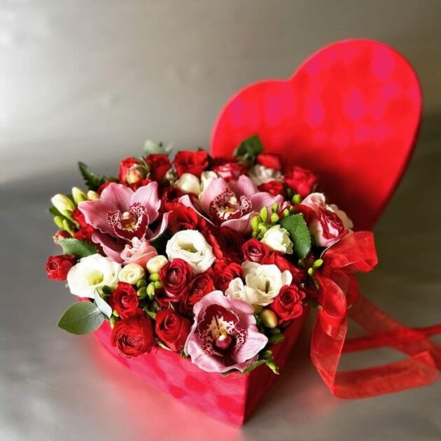 Valentine's Heart Box with Red Roses & Orchids