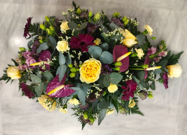 Elegant Funeral Flower Casket Spray with Fresh Roses, Gerberas & Anthurium - Image 2