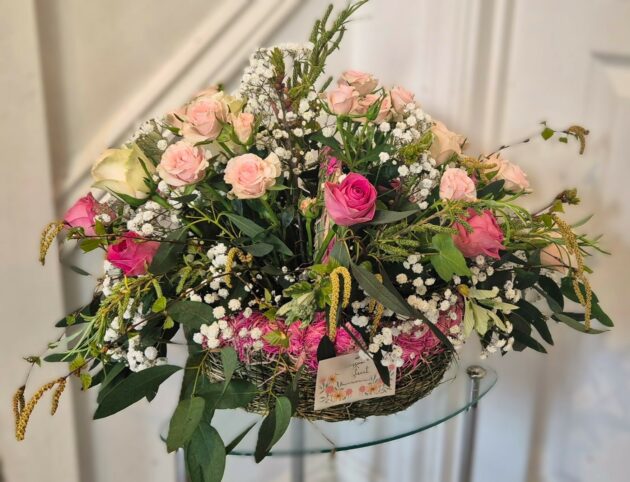Rustic Rose Floral Basket with Wild Foliage