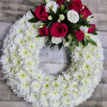 White Chrysanthemum & Red Rose Funeral Wreath