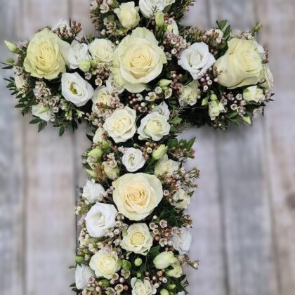 Classic White Funeral Cross – Roses & Seasonal Flowers