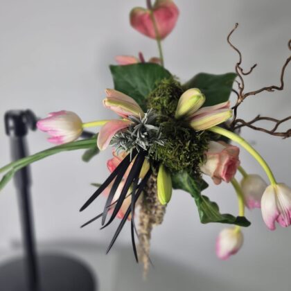 Modern Asymmetrical Bouquet – Anthurium, Roses & Tulips